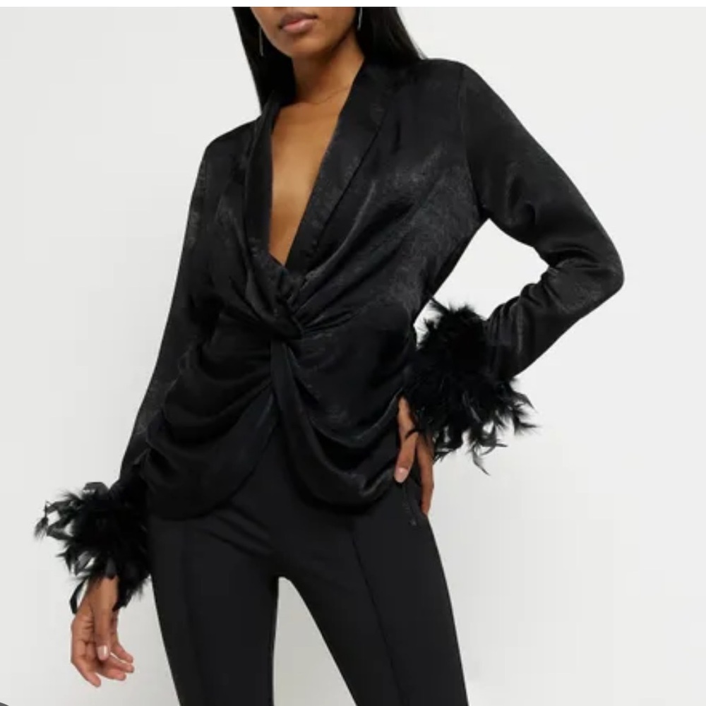 River Island Black satin feather trim blouse - 4 (US)